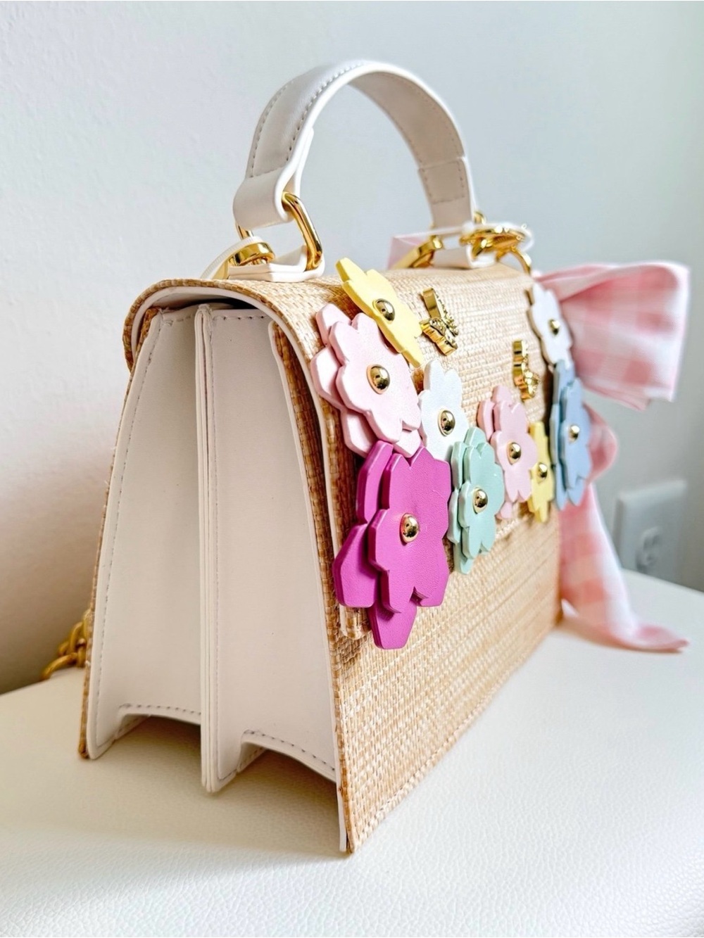 Top-Handle Floral Embellished Straw Satchel in Natural with Pastel Flowers - Picture 7 of 9